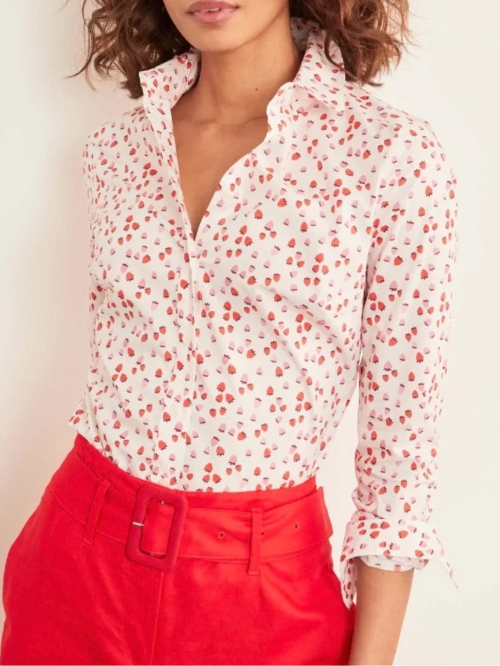 Boden The Classic Shirt Strawberry Print Button Front Collared Cotton Size US 8R